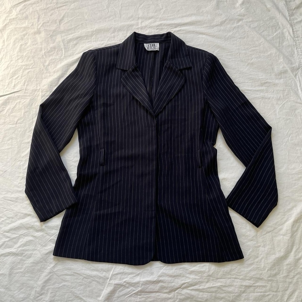 90s Pinstripe Blazer Star CCC City Jacket Shoulder Pads Navy Women's Medium - Picture 3 of 10